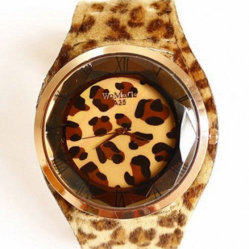 Leopard Print Big Round Leather Strap Watch